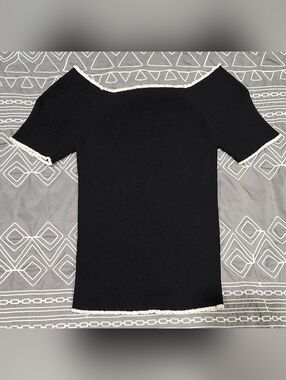 Sandro Black Ribbed Top With White Trim Size 1(US S)